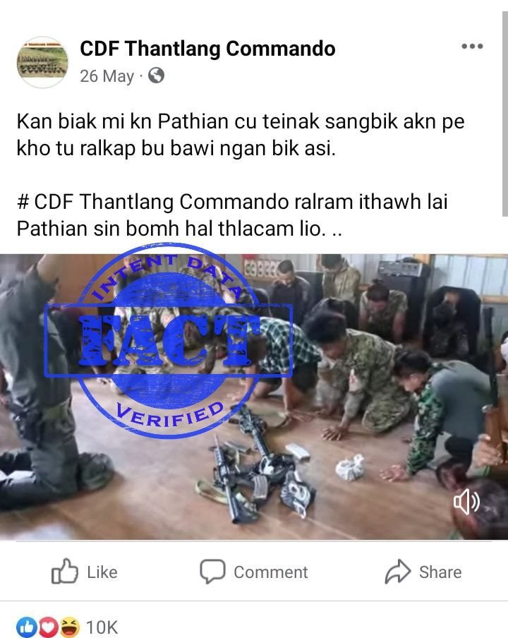 A screenshot of a Facebook post by D-Intent with the headline 'Fact-Checking: Manipur Video Misrepresented' and an image of the misleading video with a caption stating 'Video shared as Kuki militants from Manipur.