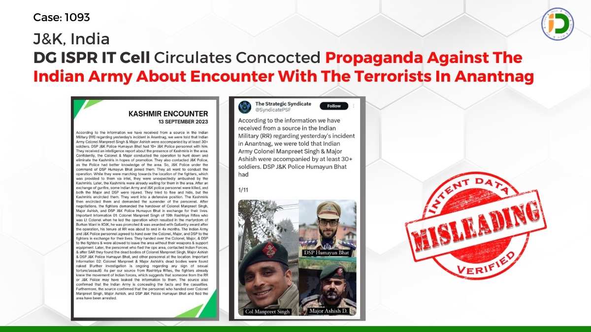 J&K, India— DG ISPR IT Cell Circulates Concocted Propaganda Against The Indian Army About Encounter With The Terrorists In Anantnag